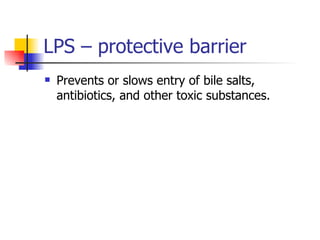 LPS – protective barrier Prevents or slows entry of bile salts, antibiotics, and other toxic substances. 