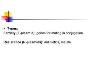 Types: Fertility (F-plasmid):  genes for mating in conjugation Resistance (R-plasmids):  antibiotics, metals 