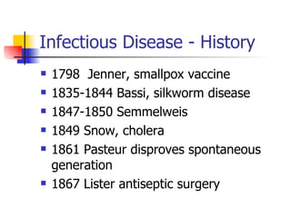 Infectious Disease - History 1798  Jenner, smallpox vaccine 1835-1844 Bassi, silkworm disease 1847-1850 Semmelweis 1849 Snow, cholera 1861 Pasteur disproves spontaneous generation 1867 Lister antiseptic surgery 