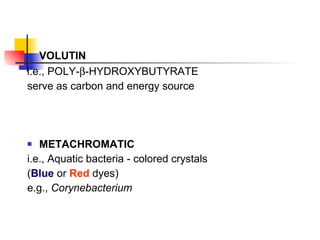 VOLUTIN i.e., POLY-  -HYDROXYBUTYRATE serve as carbon and energy source METACHROMATIC i.e., Aquatic bacteria - colored crystals  ( Blue  or  Red  dyes) e.g.,  Corynebacterium 