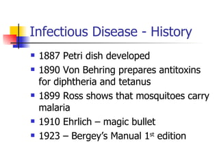 Infectious Disease - History 1887 Petri dish developed 1890 Von Behring prepares antitoxins for diphtheria and tetanus 1899 Ross shows that mosquitoes carry malaria 1910 Ehrlich – magic bullet 1923 – Bergey’s Manual 1 st  edition 