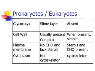 Prokaryotes / Eukaryotes Glycocalyx Slime layer Absent Cell Wall Usually present Complex When present, simple Plasma membrane No CHO and lack sterols Sterols and CHO present Cytoplasm No cytoskeleton cytoskeleton 