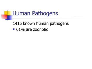 Human Pathogens 1415 known human pathogens 61% are zoonotic 