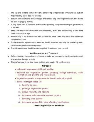  The top one-third to half portion of a cane being comparatively immature has buds of
high viability and is best for sowing.
 Bottom portion of cane is rich in sugar and takes a long time in germination; this should
be used in jaggery making.
 If only upper half of the cane is utilized for planting, comparatively higher germination
is secured.
 Seed cane should be taken from well mannered, erect and healthy crop of not more
than 10-12 months age.
 Ratoon crop is not suitable for seed purpose as these canes may carry the disease of
the previous crop.
 For best results separate crop nurseries should be raised specially for producing seed-
canes under good crop management.
 Special precautions should be taken against disease and pest control.
Seed Preparation and Treatment
 Before planting, the dry leaves of the cane stalks are removed by hand in order to avoid
any possible damage to buds.
 Thereafter cane is cut into three budded setts usually 30 to 40 cm lone
Nitrogen
 Influences sugarcane yield and quality.
 Required for vegetative growth (tillering, foliage formation, stalk
formation and growth) and root growth.
 Vegetative growth in sugarcane is directly related to yield.
 Excess Nitrogen leads to:
i. harmful to crop
ii. prolongs vegetative growth
iii. delays maturity and ripening
iv. increases reducing sugar content in juice
v. lowering juice quality
vi. increases soluble N in juice affecting clarification
Basal Application of Fertilizer
 