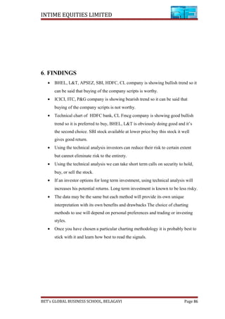 INTIME EQUITIES LIMITED
6. FINDINGS
• BHEL, L&T, APSEZ, SBI, HDFC, CL company is showing bullish trend so it
can be said that buying of the company scripts is worthy.
• ICICI, ITC, P&G company is showing bearish trend so it can be said that
buying of the company scripts is not worthy.
• Technical chart of HDFC bank, CL Fmcg company is showing good bullish
trend so it is preferred to buy, BHEL, L&T is obviously doing good and it’s
the second choice. SBI stock available at lower price buy this stock it well
gives good return.
• Using the technical analysis investors can reduce their risk to certain extent
but cannot eliminate risk to the entirety.
• Using the technical analysis we can take short term calls on security to hold,
buy, or sell the stock.
• If an investor options for long term investment, using technical analysis will
increases his potential returns. Long term investment is known to be less risky.
• The data may be the same but each method will provide its own unique
interpretation with its own benefits and drawbacks The choice of charting
methods to use will depend on personal preferences and trading or investing
styles.
• Once you have chosen a particular charting methodology it is probably best to
stick with it and learn how best to read the signals.
BET’s GLOBAL BUSINESS SCHOOL, BELAGAVI Page 86
 