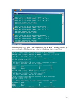 20
In the figure below, Mike inserts a new row whose first field is “00003”. We notice that there are
two rows whose first fields have the same value. So, Mike decides to delete one of them.
 