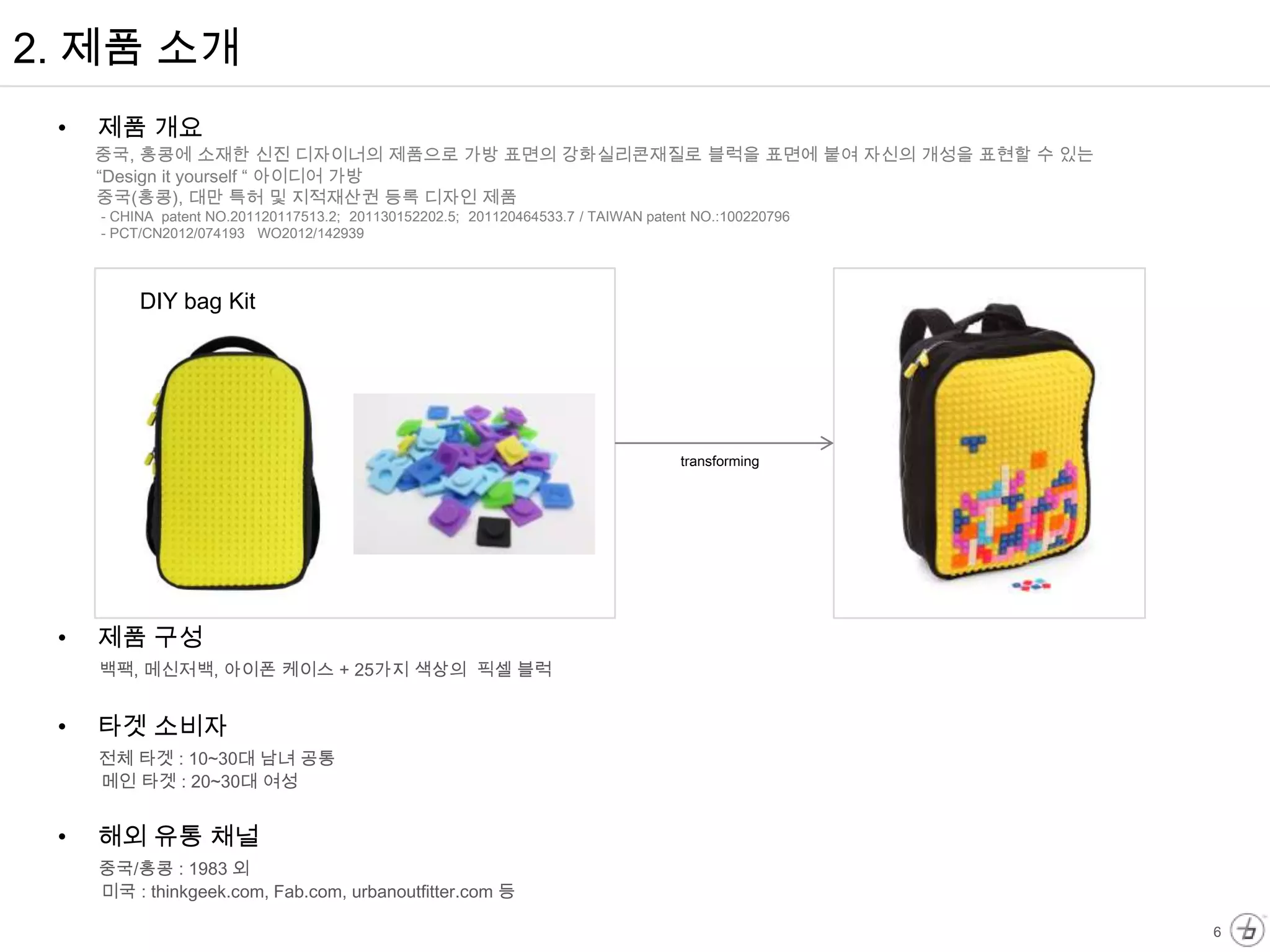 2. 제품 소개
 •   제품 개요
     중국, 홍콩에 소재한 신진 디자이너의 제품으로 가방 표면의 강화실리콘재질로 블럭을 표면에 붙여 자신의 개성을 표현할 수 있는
     “Design it yourself “ 아이디어 가방
     중국(홍콩), 대만 특허 및 지적재산권 등록 디자인 제품
     - CHINA patent NO.201120117513.2; 201130152202.5; 201120464533.7 / TAIWAN patent NO.:100220796
     - PCT/CN2012/074193 WO2012/142939



          DIY bag Kit




                                                                                    transforming




 •   제품 구성
     백팩, 메신저백, 아이폰 케이스 + 25가지 색상의 픽셀 블럭


 •   타겟 소비자
     전체 타겟 : 10~30대 남녀 공통
     메인 타겟 : 20~30대 여성


 •   해외 유통 채널
     중국/홍콩 : 1983 외
     미국 : thinkgeek.com, Fab.com, urbanoutfitter.com 등

                                                                                                      6
 