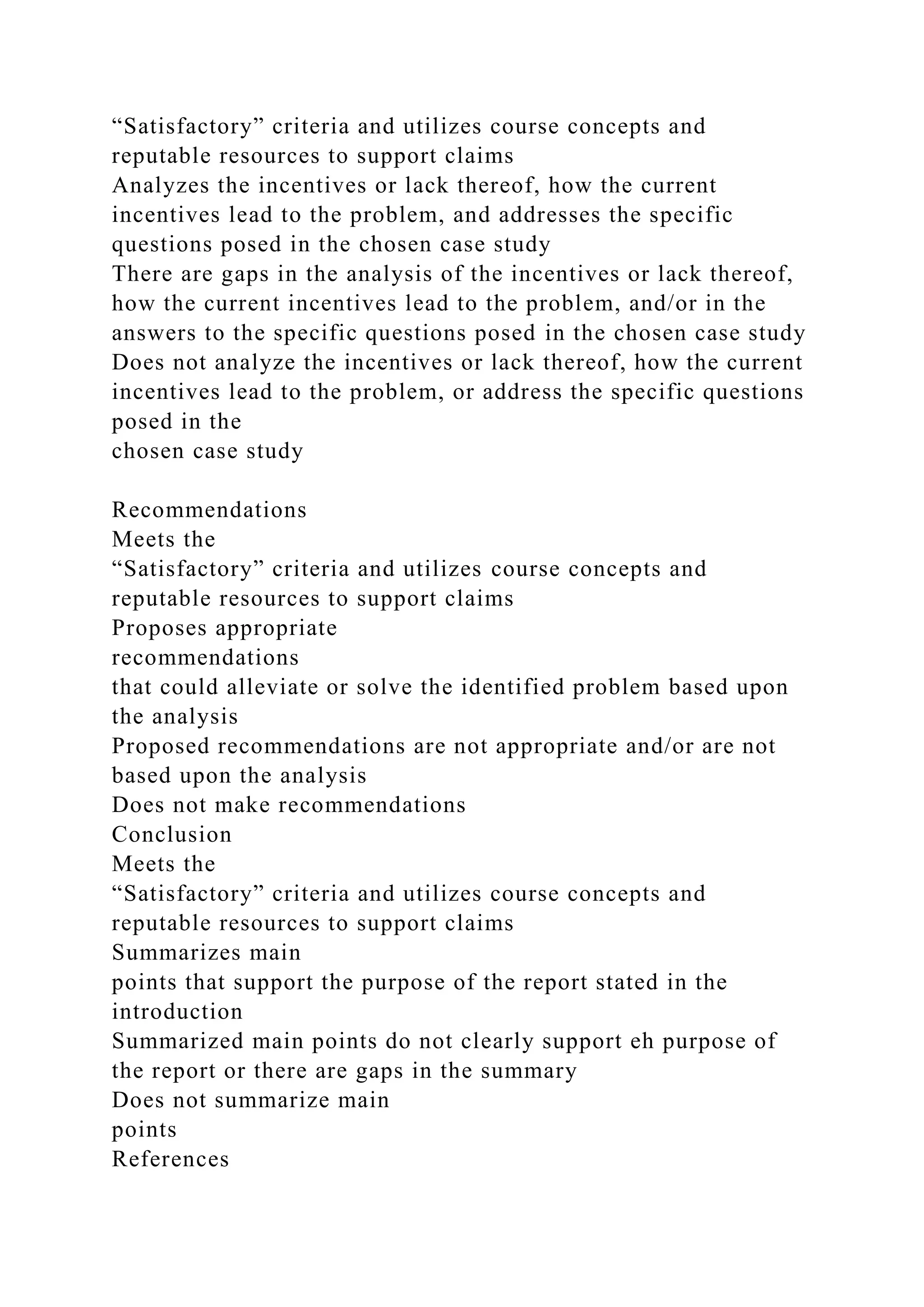 “Satisfactory” criteria and utilizes course concepts and
reputable resources to support claims
Analyzes the incentives or lack thereof, how the current
incentives lead to the problem, and addresses the specific
questions posed in the chosen case study
There are gaps in the analysis of the incentives or lack thereof,
how the current incentives lead to the problem, and/or in the
answers to the specific questions posed in the chosen case study
Does not analyze the incentives or lack thereof, how the current
incentives lead to the problem, or address the specific questions
posed in the
chosen case study
Recommendations
Meets the
“Satisfactory” criteria and utilizes course concepts and
reputable resources to support claims
Proposes appropriate
recommendations
that could alleviate or solve the identified problem based upon
the analysis
Proposed recommendations are not appropriate and/or are not
based upon the analysis
Does not make recommendations
Conclusion
Meets the
“Satisfactory” criteria and utilizes course concepts and
reputable resources to support claims
Summarizes main
points that support the purpose of the report stated in the
introduction
Summarized main points do not clearly support eh purpose of
the report or there are gaps in the summary
Does not summarize main
points
References
 