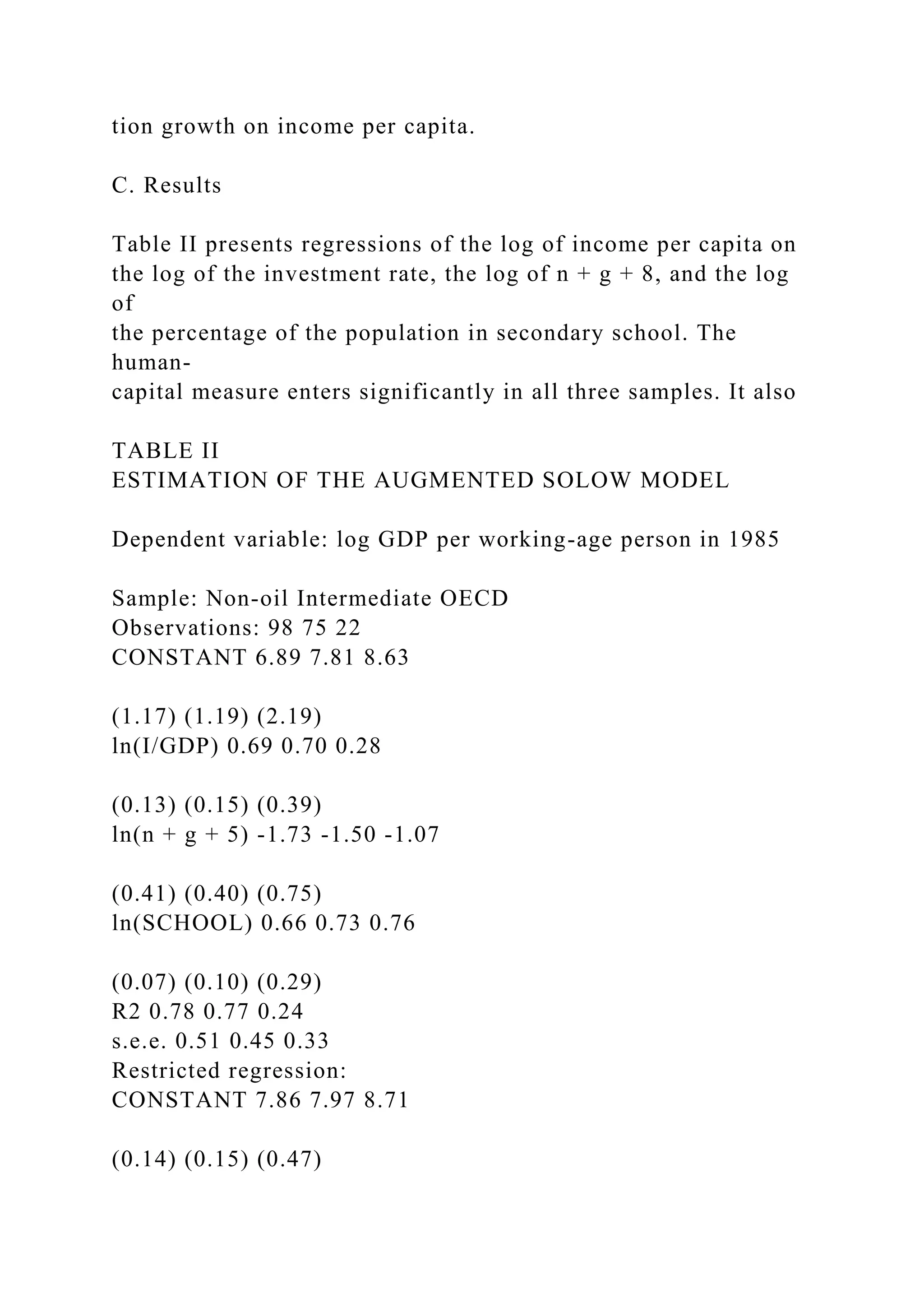tion growth on income per capita.
C. Results
Table II presents regressions of the log of income per capita on
the log of the investment rate, the log of n + g + 8, and the log
of
the percentage of the population in secondary school. The
human-
capital measure enters significantly in all three samples. It also
TABLE II
ESTIMATION OF THE AUGMENTED SOLOW MODEL
Dependent variable: log GDP per working-age person in 1985
Sample: Non-oil Intermediate OECD
Observations: 98 75 22
CONSTANT 6.89 7.81 8.63
(1.17) (1.19) (2.19)
ln(I/GDP) 0.69 0.70 0.28
(0.13) (0.15) (0.39)
ln(n + g + 5) -1.73 -1.50 -1.07
(0.41) (0.40) (0.75)
ln(SCHOOL) 0.66 0.73 0.76
(0.07) (0.10) (0.29)
R2 0.78 0.77 0.24
s.e.e. 0.51 0.45 0.33
Restricted regression:
CONSTANT 7.86 7.97 8.71
(0.14) (0.15) (0.47)
 