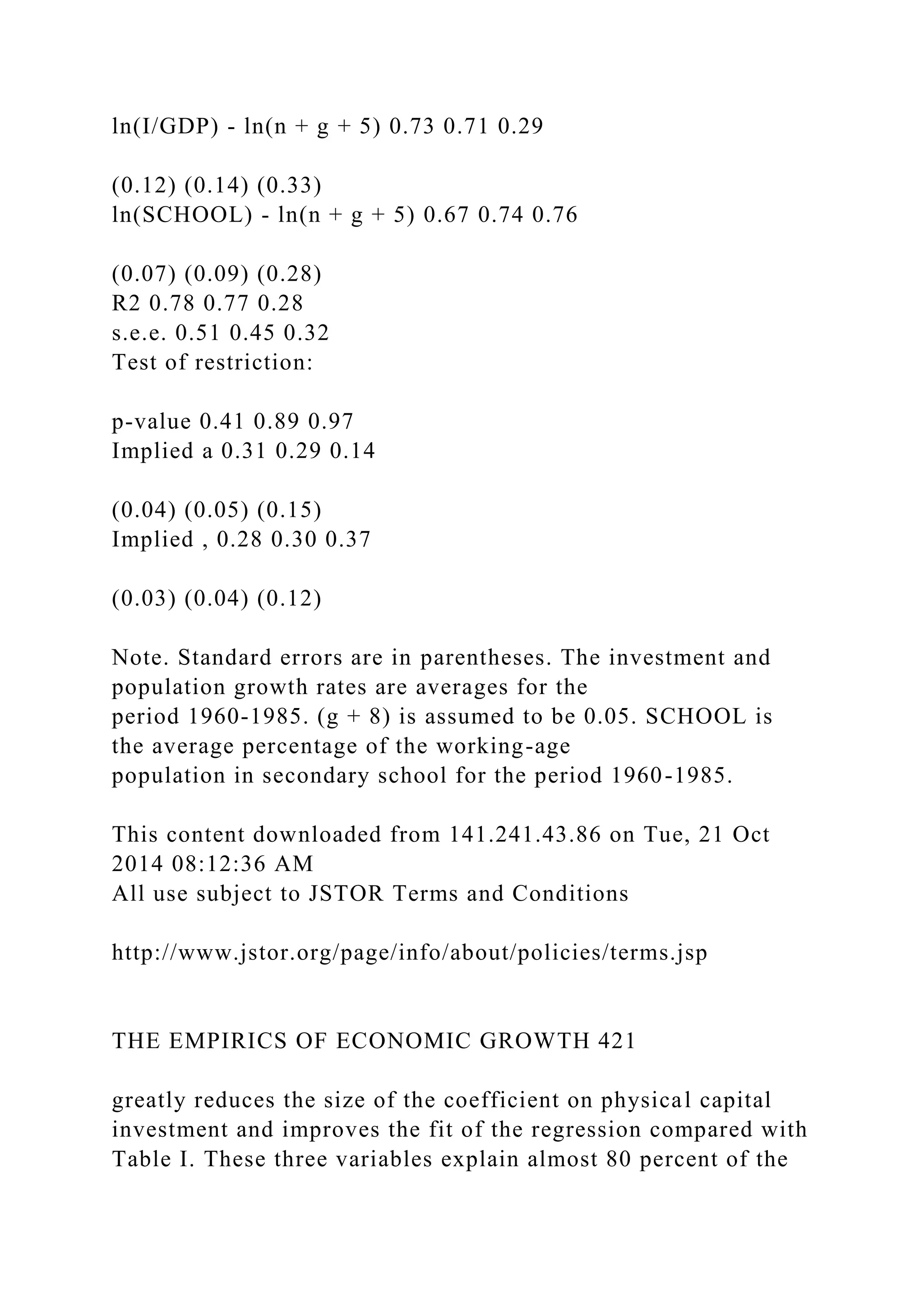 ln(I/GDP) - ln(n + g + 5) 0.73 0.71 0.29
(0.12) (0.14) (0.33)
ln(SCHOOL) - ln(n + g + 5) 0.67 0.74 0.76
(0.07) (0.09) (0.28)
R2 0.78 0.77 0.28
s.e.e. 0.51 0.45 0.32
Test of restriction:
p-value 0.41 0.89 0.97
Implied a 0.31 0.29 0.14
(0.04) (0.05) (0.15)
Implied , 0.28 0.30 0.37
(0.03) (0.04) (0.12)
Note. Standard errors are in parentheses. The investment and
population growth rates are averages for the
period 1960-1985. (g + 8) is assumed to be 0.05. SCHOOL is
the average percentage of the working-age
population in secondary school for the period 1960-1985.
This content downloaded from 141.241.43.86 on Tue, 21 Oct
2014 08:12:36 AM
All use subject to JSTOR Terms and Conditions
http://www.jstor.org/page/info/about/policies/terms.jsp
THE EMPIRICS OF ECONOMIC GROWTH 421
greatly reduces the size of the coefficient on physical capital
investment and improves the fit of the regression compared with
Table I. These three variables explain almost 80 percent of the
 