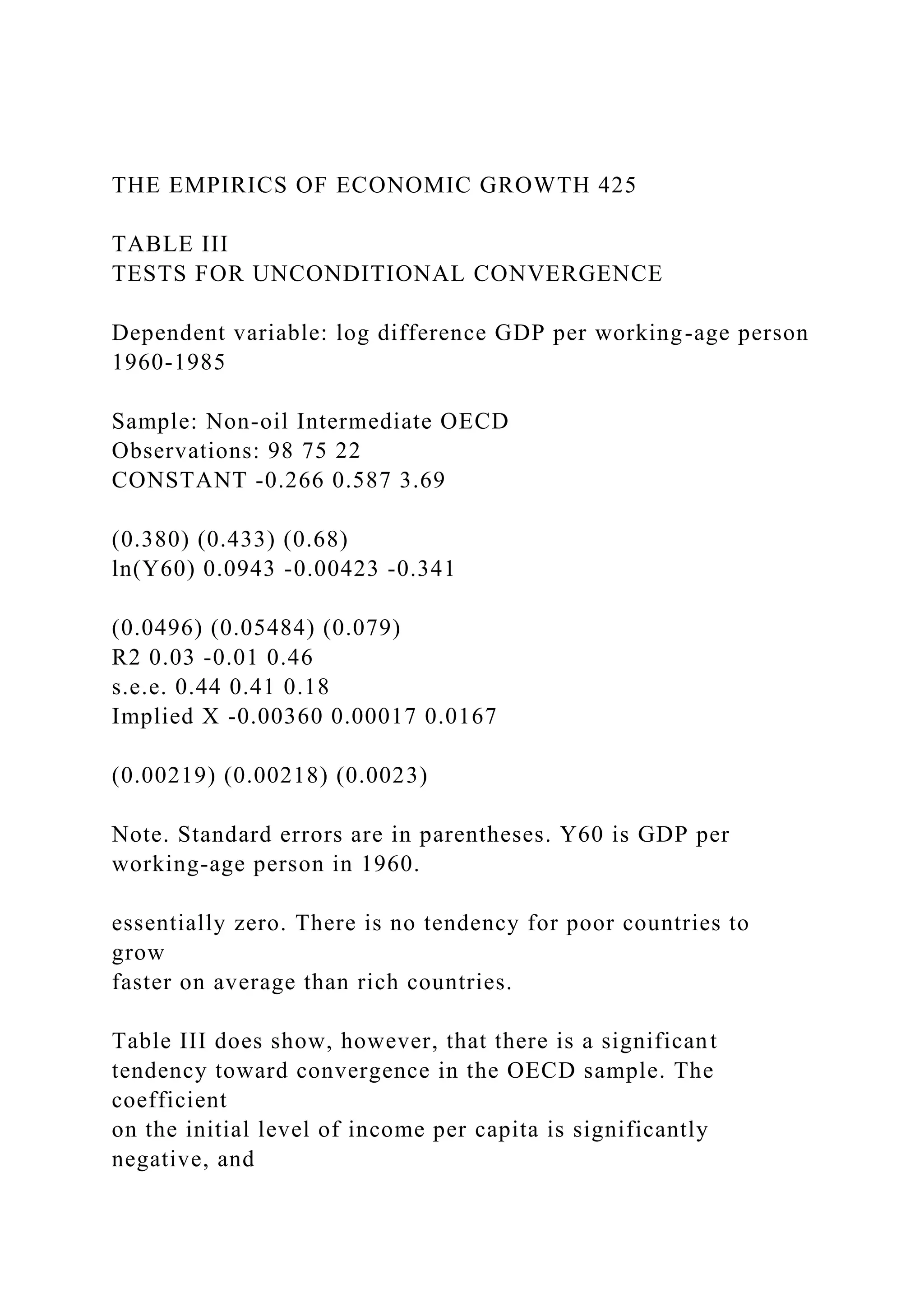 THE EMPIRICS OF ECONOMIC GROWTH 425
TABLE III
TESTS FOR UNCONDITIONAL CONVERGENCE
Dependent variable: log difference GDP per working-age person
1960-1985
Sample: Non-oil Intermediate OECD
Observations: 98 75 22
CONSTANT -0.266 0.587 3.69
(0.380) (0.433) (0.68)
ln(Y60) 0.0943 -0.00423 -0.341
(0.0496) (0.05484) (0.079)
R2 0.03 -0.01 0.46
s.e.e. 0.44 0.41 0.18
Implied X -0.00360 0.00017 0.0167
(0.00219) (0.00218) (0.0023)
Note. Standard errors are in parentheses. Y60 is GDP per
working-age person in 1960.
essentially zero. There is no tendency for poor countries to
grow
faster on average than rich countries.
Table III does show, however, that there is a significant
tendency toward convergence in the OECD sample. The
coefficient
on the initial level of income per capita is significantly
negative, and
 