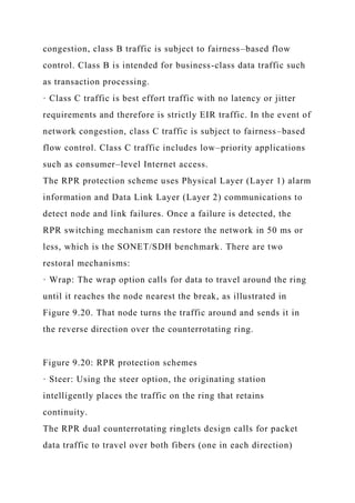 congestion, class B traffic is subject to fairness–based flow
control. Class B is intended for business-class data traffic such
as transaction processing.
· Class C traffic is best effort traffic with no latency or jitter
requirements and therefore is strictly EIR traffic. In the event of
network congestion, class C traffic is subject to fairness–based
flow control. Class C traffic includes low–priority applications
such as consumer–level Internet access.
The RPR protection scheme uses Physical Layer (Layer 1) alarm
information and Data Link Layer (Layer 2) communications to
detect node and link failures. Once a failure is detected, the
RPR switching mechanism can restore the network in 50 ms or
less, which is the SONET/SDH benchmark. There are two
restoral mechanisms:
· Wrap: The wrap option calls for data to travel around the ring
until it reaches the node nearest the break, as illustrated in
Figure 9.20. That node turns the traffic around and sends it in
the reverse direction over the counterrotating ring.
Figure 9.20: RPR protection schemes
· Steer: Using the steer option, the originating station
intelligently places the traffic on the ring that retains
continuity.
The RPR dual counterrotating ringlets design calls for packet
data traffic to travel over both fibers (one in each direction)
 