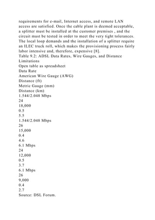 requirements for e-mail, Internet access, and remote LAN
access are satisfied. Once the cable plant is deemed acceptable,
a splitter must be installed at the customer premises , and the
circuit must be tested in order to meet the very tight tolerances.
The local loop demands and the installation of a splitter require
an ILEC truck roll, which makes the provisioning process fairly
labor intensive and, therefore, expensive [8].
Table 9.2: ADSL Data Rates, Wire Gauges, and Distance
Limitations
Open table as spreadsheet
Data Rate
American Wire Gauge (AWG)
Distance (ft)
Metric Gauge (mm)
Distance (km)
1.544/2.048 Mbps
24
18,000
0.5
5.5
1.544/2.048 Mbps
26
15,000
0.4
4.6
6.1 Mbps
24
12,000
0.5
3.7
6.1 Mbps
26
9,000
0.4
2.7
Source: DSL Forum.
 