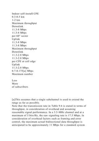 Indoor self-install CPE
0.3-0.5 km
1-2 km
Maximum throughput
Downlink
11.3-8 Mbps
11.3-8 Mbps
per 60° sector
Uplink
11.3-8 Mbps
11.3-8 Mbps
Maximum throughput
Downlink
11.3-2.8 Mbps
11.3-2.8 Mbps
per CPE at cell edge
Uplink
11.3-2.8 Mbps
0.7-0.175[a] Mbps
Maximum number
Less
More
of subscribers
[a]This assumes that a single subchannel is used to extend the
range as far as possible.
Note that the transmission rate in Table 9.6 is stated in terms of
throughput, in consideration of overhead and assuming
reasonable signal performance. In a 3.5-MHz channel and at a
maximum of 5 bits/Hz, the raw signaling rate is 17.5 Mbps. In
consideration of overhead factors such as framing and error
control, the maximum actual bidirectional data throughput is
anticipated to be approximately 11 Mbps for a standard system
 