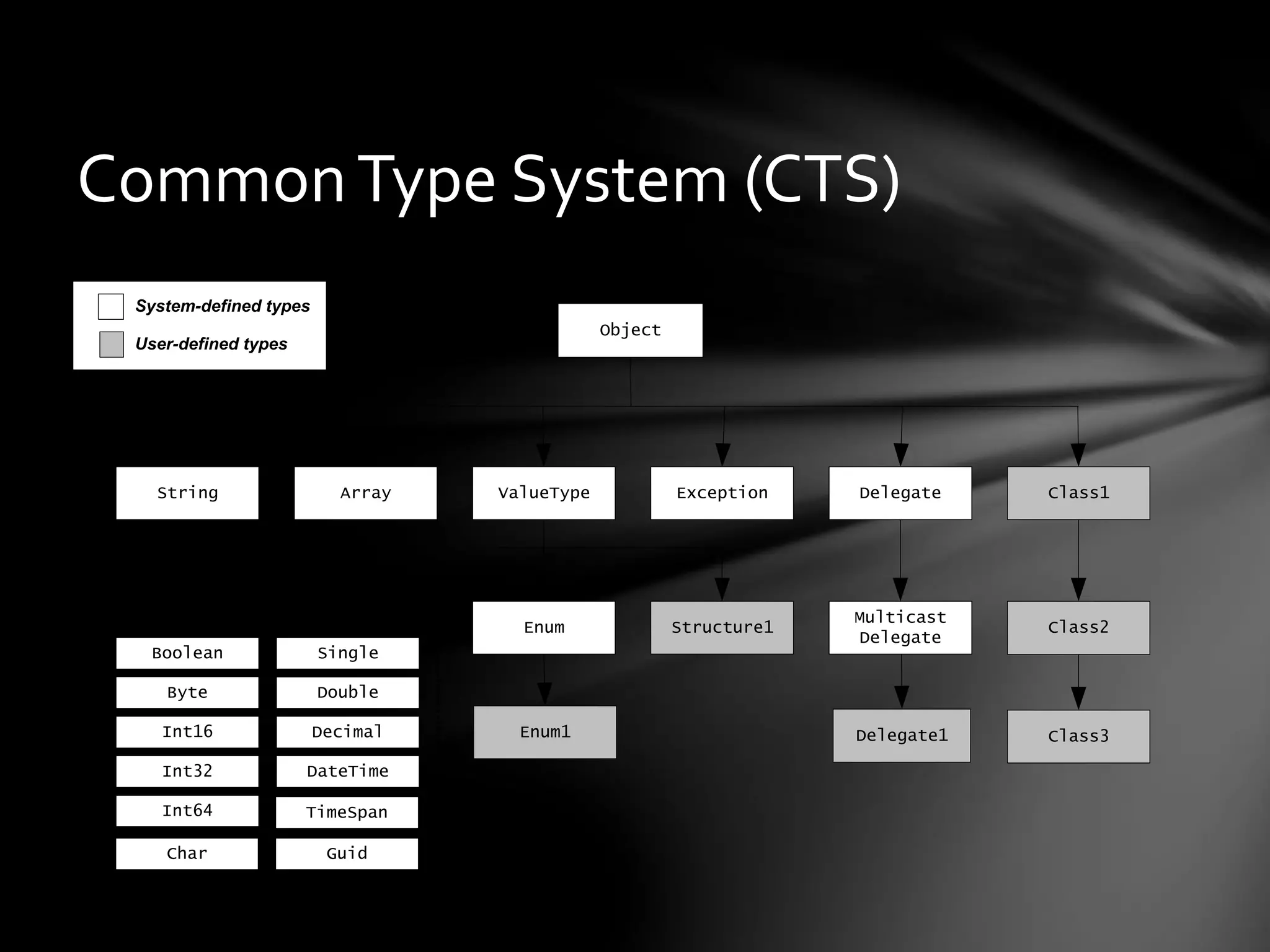 Common Type System (CTS) 
System-defined types 
String Array ValueType Exception Delegate Class1 
Multicast 
Delegate 
Class2 
Class3 
Object 
Enum Structure1 
Enum1 
Primitive types 
Boolean 
Byte 
Int16 
Int32 
Int64 
Char 
Single 
Double 
Decimal 
DateTime 
User-defined types 
Delegate1 
TimeSpan 
Guid 
 