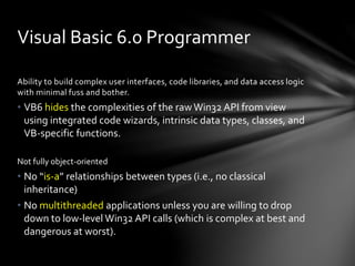 Visual Basic 6.0 Programmer 
Ability to build complex user interfaces, code libraries, and data access logic 
with minimal fuss and bother. 
• VB6 hides the complexities of the raw Win32 API from view 
using integrated code wizards, intrinsic data types, classes, and 
VB-specific functions. 
Not fully object-oriented 
• No “is-a” relationships between types (i.e., no classical 
inheritance) 
• No multithreaded applications unless you are willing to drop 
down to low-level Win32 API calls (which is complex at best and 
dangerous at worst). 
 