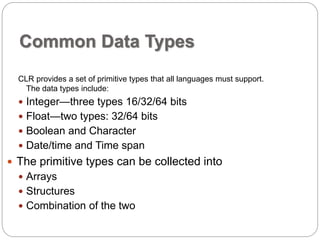 Common Data Types 
CLR provides a set of primitive types that all languages must support. 
The data types include: 
 Integer—three types 16/32/64 bits 
 Float—two types: 32/64 bits 
 Boolean and Character 
 Date/time and Time span 
 The primitive types can be collected into 
 Arrays 
 Structures 
 Combination of the two 
 