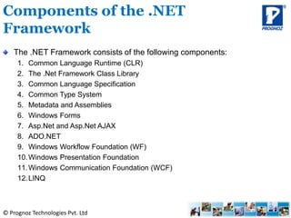© Prognoz Technologies Pvt. Ltd
The .NET Framework consists of the following components:
1. Common Language Runtime (CLR)
2. The .Net Framework Class Library
3. Common Language Specification
4. Common Type System
5. Metadata and Assemblies
6. Windows Forms
7. Asp.Net and Asp.Net AJAX
8. ADO.NET
9. Windows Workflow Foundation (WF)
10.Windows Presentation Foundation
11.Windows Communication Foundation (WCF)
12.LINQ
Components of the .NET
Framework
 