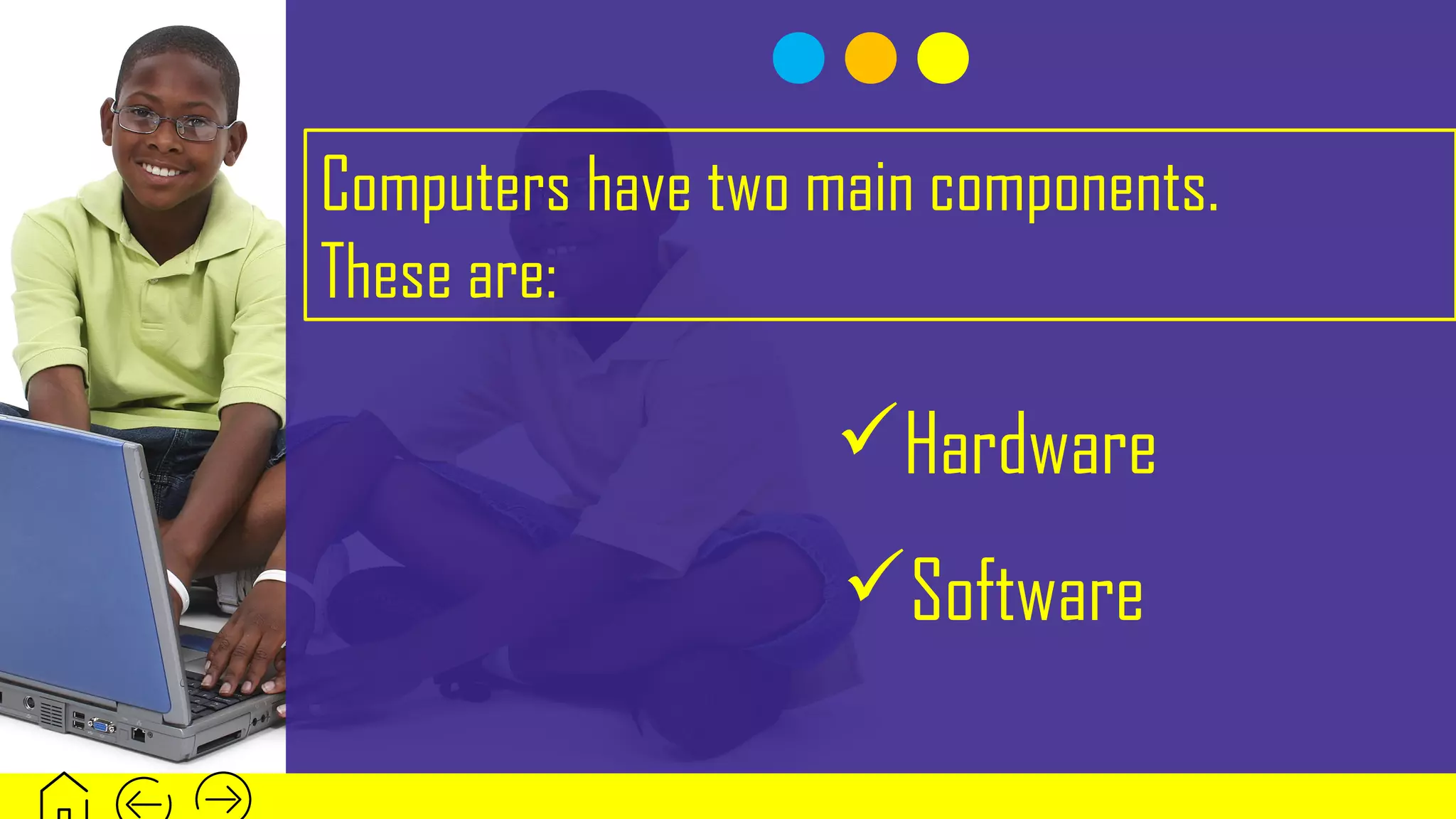 Computers have two main components.
These are:
Software
Hardware
 