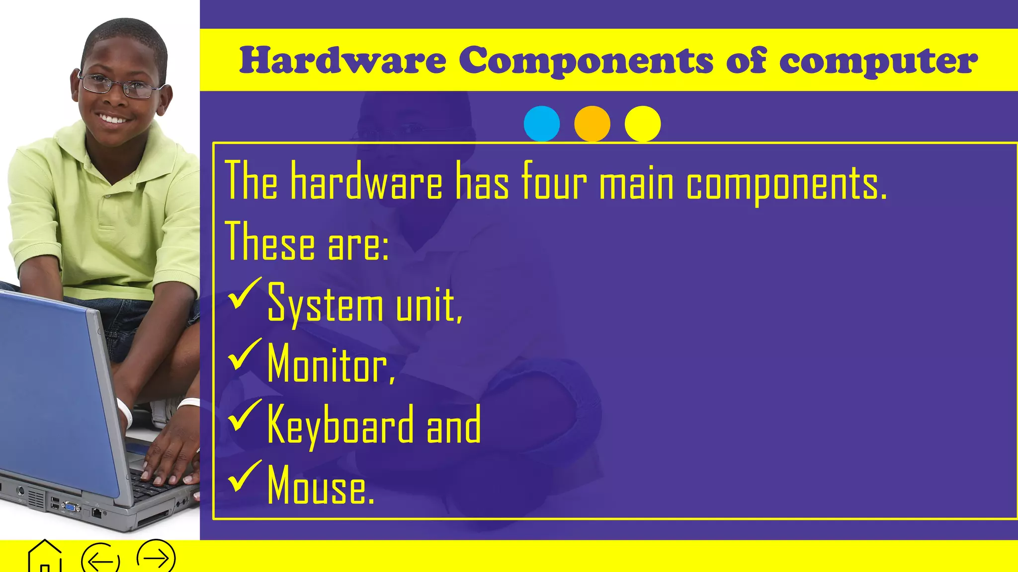 Hardware Components of computer
The hardware has four main components.
These are:
System unit,
Monitor,
Keyboard and
Mouse.
 