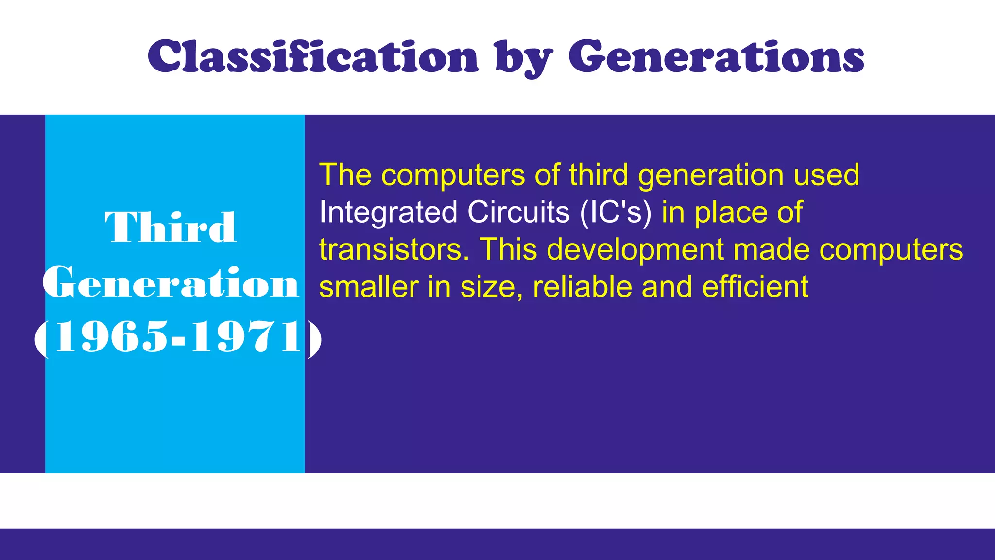 Classification by Generations
Third
Generation
(1965-1971)
The computers of third generation used
Integrated Circuits (IC's) in place of
transistors. This development made computers
smaller in size, reliable and efficient
 