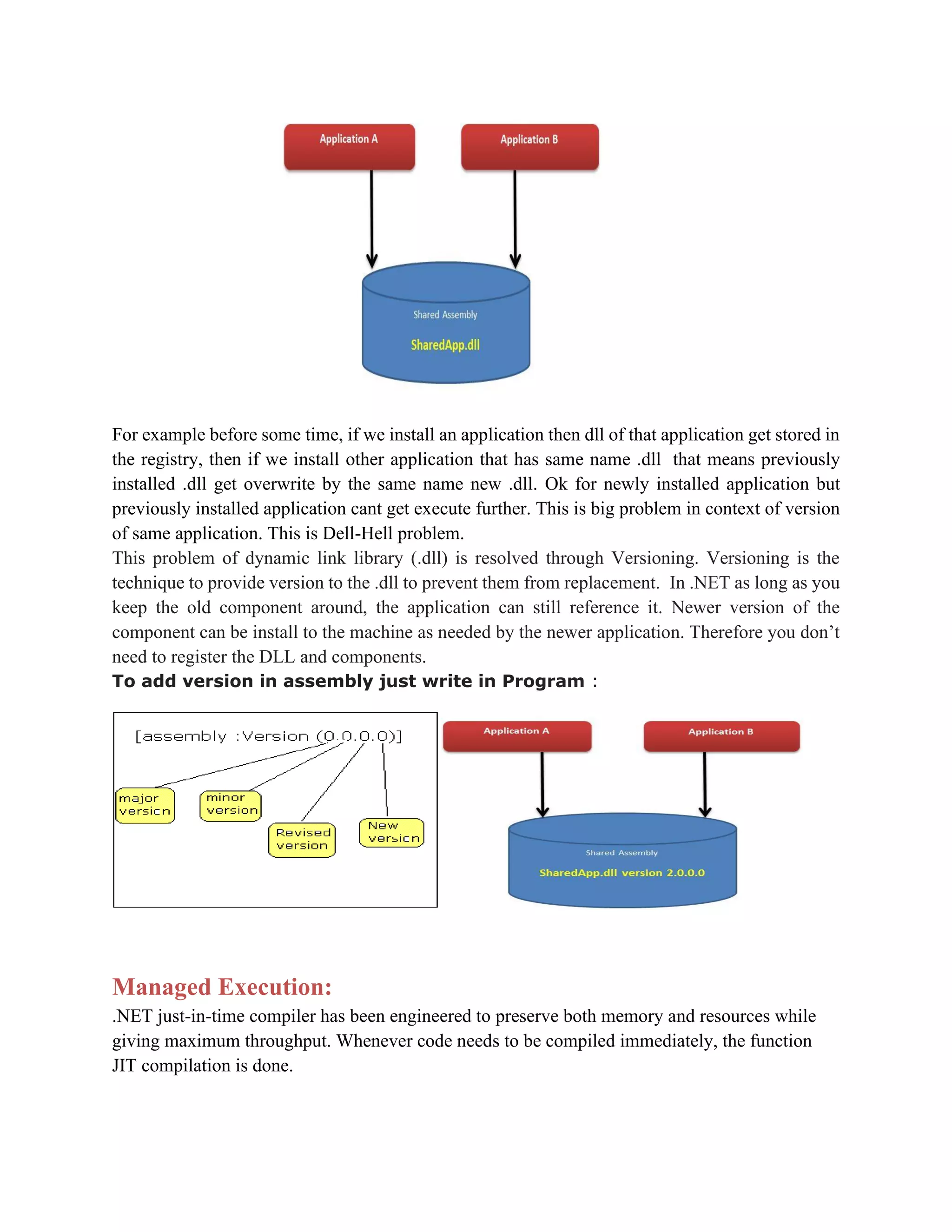 For example before some time, if we install an application then dll of that application get stored in
the registry, then if we install other application that has same name .dll that means previously
installed .dll get overwrite by the same name new .dll. Ok for newly installed application but
previously installed application cant get execute further. This is big problem in context of version
of same application. This is Dell-Hell problem.
This problem of dynamic link library (.dll) is resolved through Versioning. Versioning is the
technique to provide version to the .dll to prevent them from replacement. In .NET as long as you
keep the old component around, the application can still reference it. Newer version of the
component can be install to the machine as needed by the newer application. Therefore you don’t
need to register the DLL and components.
To add version in assembly just write in Program :
Managed Execution:
.NET just-in-time compiler has been engineered to preserve both memory and resources while
giving maximum throughput. Whenever code needs to be compiled immediately, the function
JIT compilation is done.
 