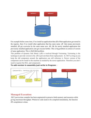For example before some time, if we install an application then dll of that application get stored in
the registry, then if we install other application that has same name .dll that means previously
installed .dll get overwrite by the same name new .dll. Ok for newly installed application but
previously installed application cant get execute further. This is big problem in context of version
of same application. This is Dell-Hell problem.
This problem of dynamic link library (.dll) is resolved through Versioning. Versioning is the
technique to provide version to the .dll to prevent them from replacement. In .NET as long as you
keep the old component around, the application can still reference it. Newer version of the
component can be install to the machine as needed by the newer application. Therefore you don’t
need to register the DLL and components.
To add version in assembly just write in Program :
Managed Execution:
.NET just-in-time compiler has been engineered to preserve both memory and resources while
giving maximum throughput. Whenever code needs to be compiled immediately, the function
JIT compilation is done.
 