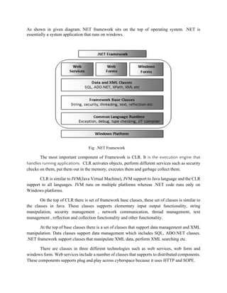 As shown in given diagram. NET framework sits on the top of operating system. .NET is
essentially a system application that runs on windows.
Fig: .NET Framework
The most important component of Framework is CLR. It is the execution engine that
handles running applications. CLR activates objects, perform different services such as security
checks on them, put them out in the memory, executes them and garbage collect them.
CLR is similar to JVM(Java Virtual Machine), JVM support to Java language and the CLR
support to all languages. JVM runs on multiple platforms whereas .NET code runs only on
Windows platforms.
On the top of CLR there is set of framework base classes, these set of classes is similar to
the classes in Java. These classes supports elementary input output functionality, string
manipulation, security management , network communication, thread management, text
management , reflection and collection functionality and other functionality.
At the top of base classes there is a set of classes that support data management and XML
manipulation. Data classes support data management which includes SQL, ADO.NET classes.
.NET framework support classes that manipulate XML data, perform XML searching etc.
There are classes in three different technologies such as web services, web form and
windows form. Web services include a number of classes that supports to distributed components.
These components supports plug and play across cyberspace because it uses HTTP and SOPE.
 