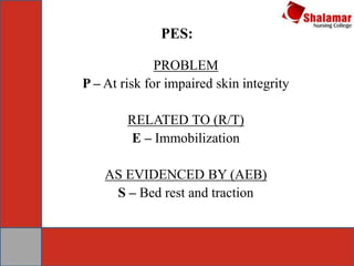 PES:
PROBLEM
P – At risk for impaired skin integrity
RELATED TO (R/T)
E – Immobilization
AS EVIDENCED BY (AEB)
S – Bed rest and traction
 