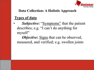 Data Collection: A Holistic Approach
Types of data
• Subjective: “Symptoms” that the patient
describes; e.g. “I can’t do anything for
myself”
Objective: Signs that can be observed,
measured, and verified; e.g. swollen joints
 
