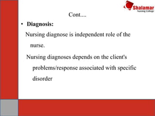 Cont....
• Diagnosis:
Nursing diagnose is independent role of the
nurse.
Nursing diagnoses depends on the client's
problems/response associated with specific
disorder
 