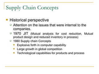 Supply Chain Concepts Historical perspective Attention on the issues that were internal to the companies. 1970 JIT  (Mutual analysis for cost reduction, Mutual product design and reduced inventory in process) 1980 Supply chain Concepts Explosive forth in computer capability Large growth in global competition Technological capabilities for products and process 