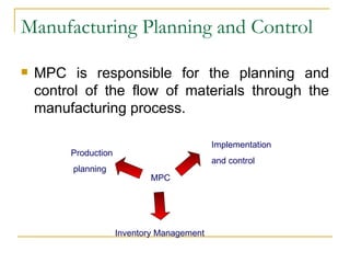 Manufacturing Planning and Control MPC is responsible for the planning and control of the flow of materials through the manufacturing process. MPC Implementation  and control Inventory Management Production planning 