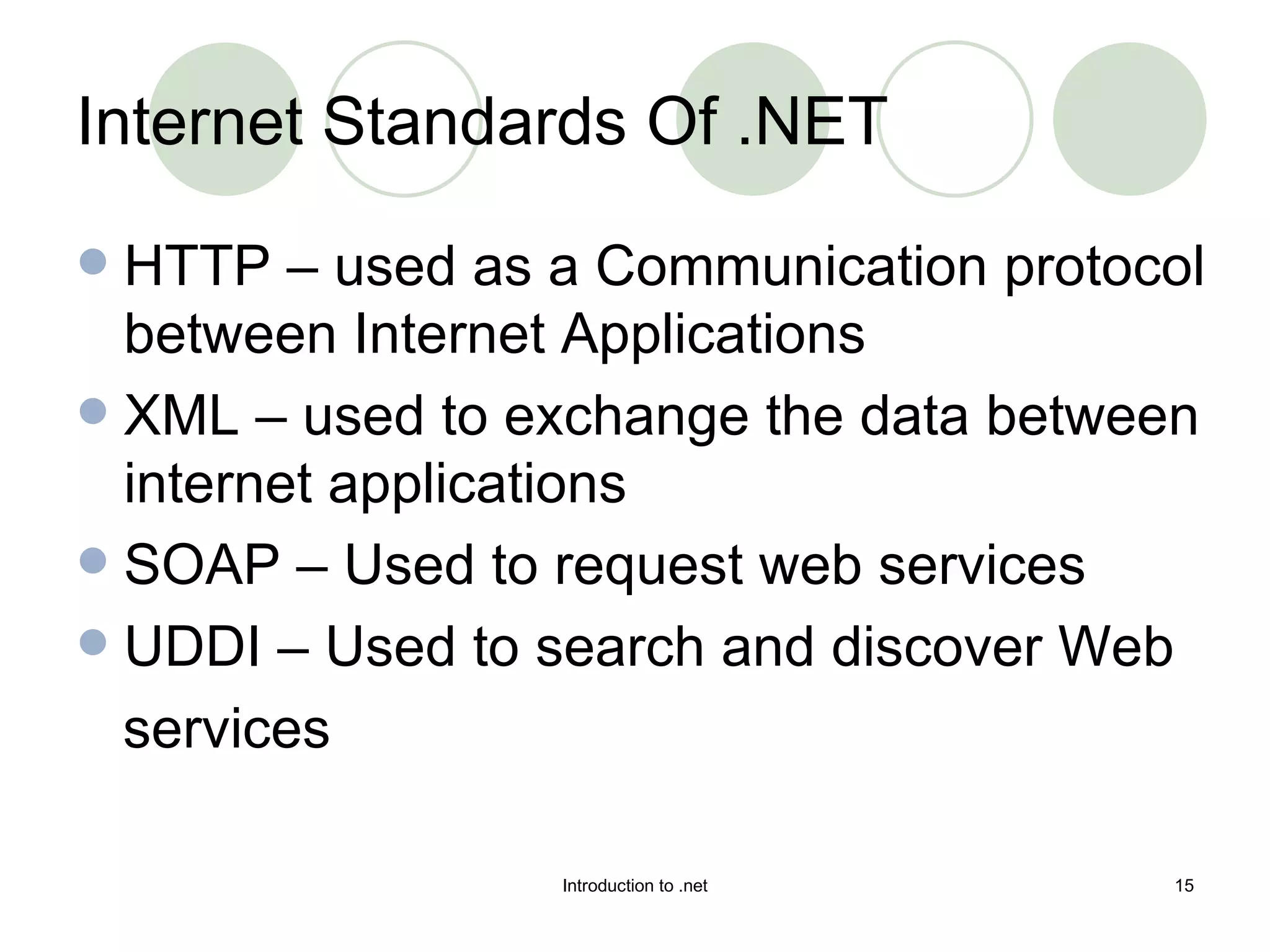 Internet Standards Of .NET HTTP – used as a Communication protocol between Internet Applications XML – used to exchange the data between internet applications SOAP – Used to request web services UDDI – Used to search and discover Web services 