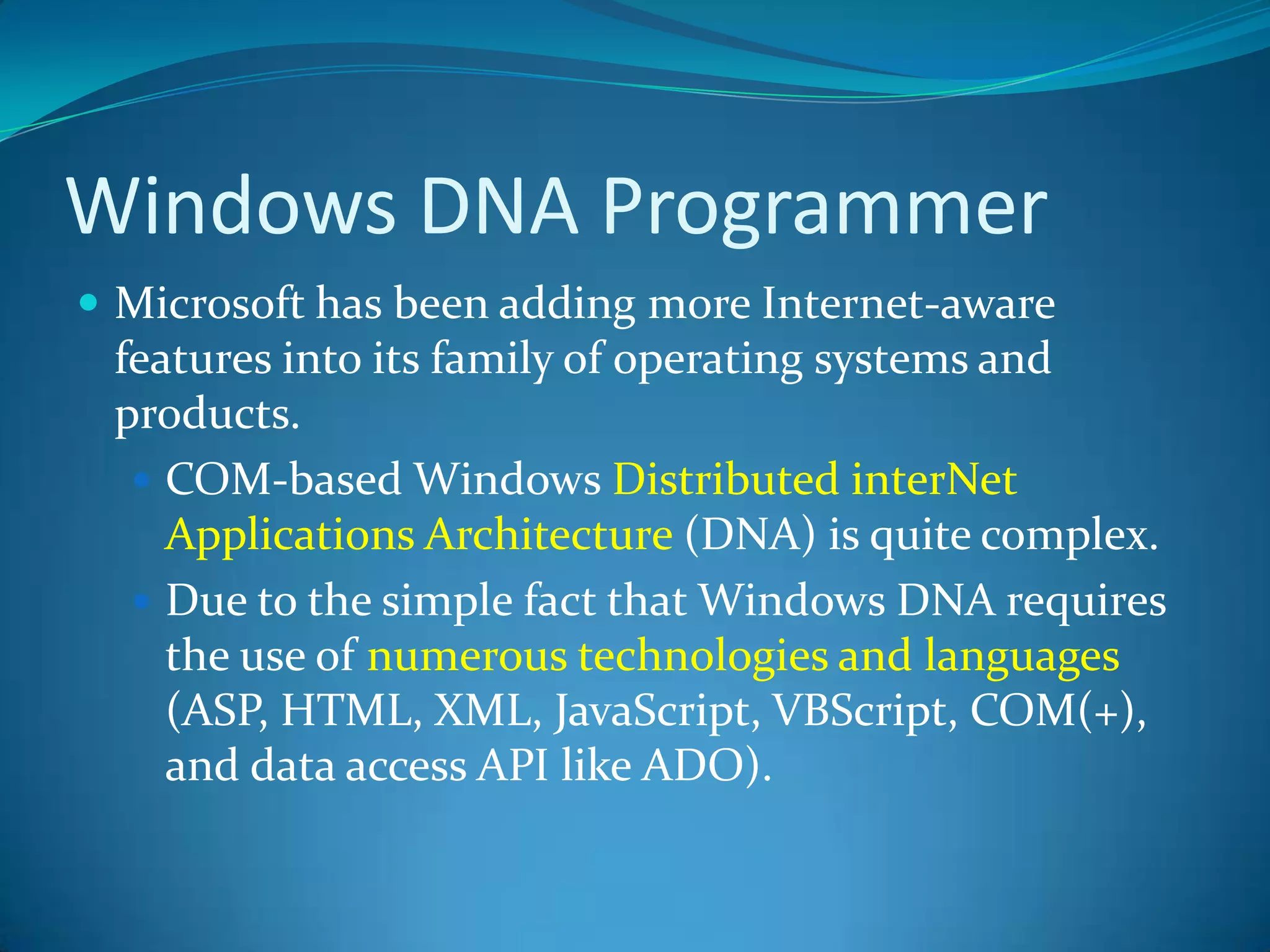 Regardless of the helpful MFC, programming for Windows using C++ remains a difficult and error-prone experienceVisual Basic 6.0 ProgrammerAbility to build complex user interfaces, code libraries, and data access logic with minimal fuss and bother. VB6 hides the complexities of the raw Win32 API from view using integrated code wizards, intrinsic data types, classes, and VB-specific functions.Not fully object-orientedNo “is-a” relationships between types (i.e., no classical inheritance)No multithreaded applications unless you are willing to drop down to low-level Win32 API calls (which is complex at best and dangerous at worst).