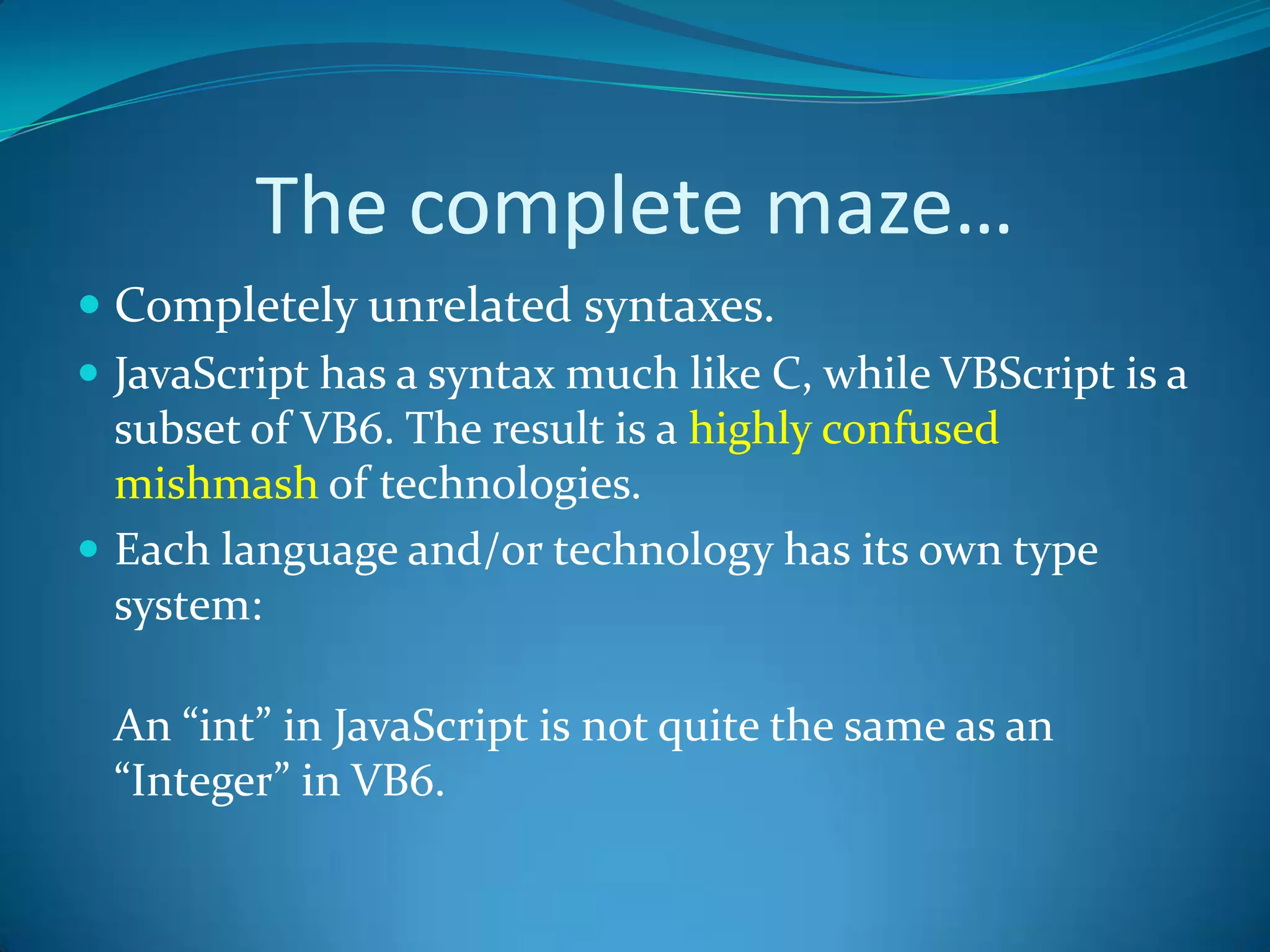 Life As a Java/J2EE ProgrammerObject oriented with syntactic roots in C++. Java cleans up many unsavory syntactical aspects of C++. Java provides programmers with a large number of predefined “packages” that contain various type definitions. Limited ability to access non-Java APIs.Little support for truecross-language integration. Not appropriate for many graphically or numerically intensive applications. A better approach for such programs would be to use a language such as C++ where appropriate.