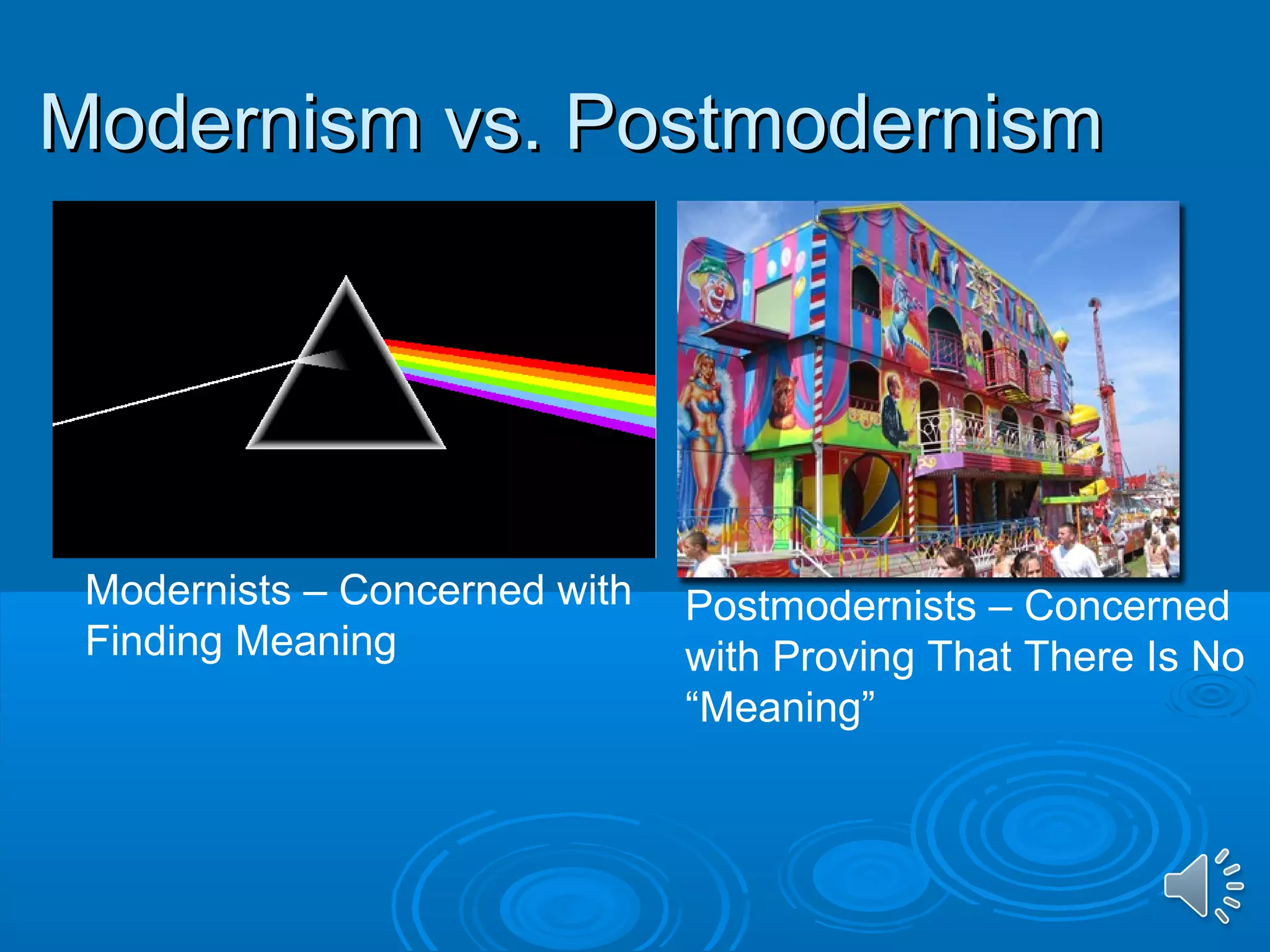 MMooddeerrnniissmm vvss.. PPoossttmmooddeerrnniissmm 
Modernists – Concerned with 
Finding Meaning 
Postmodernists – Concerned 
with Proving That There Is No 
“Meaning” 
 