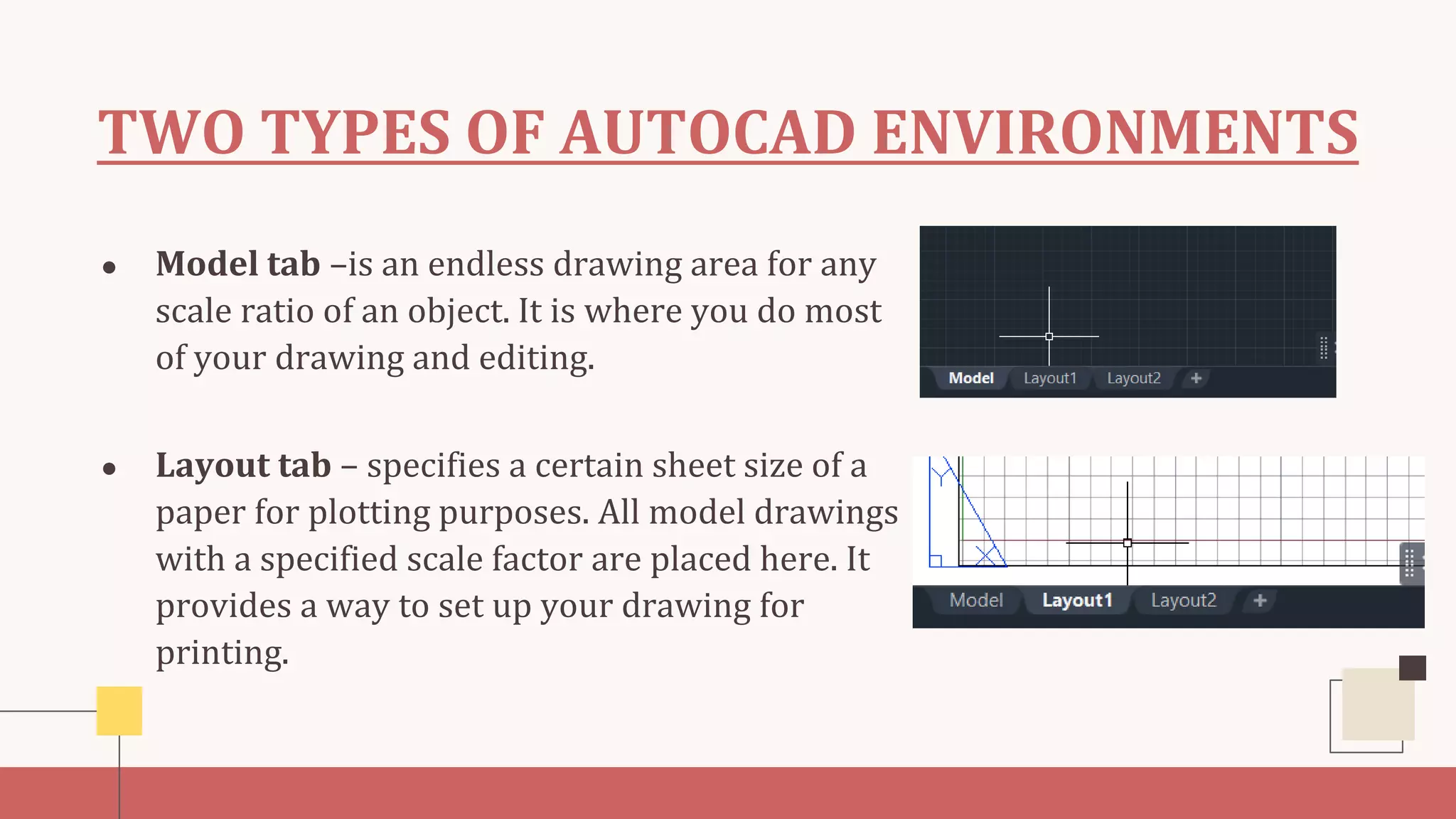 TWO TYPES OF AUTOCAD ENVIRONMENTS
● Layout tab – specifies a certain sheet size of a
paper for plotting purposes. All model drawings
with a specified scale factor are placed here. It
provides a way to set up your drawing for
printing.
● Model tab –is an endless drawing area for any
scale ratio of an object. It is where you do most
of your drawing and editing.
 
