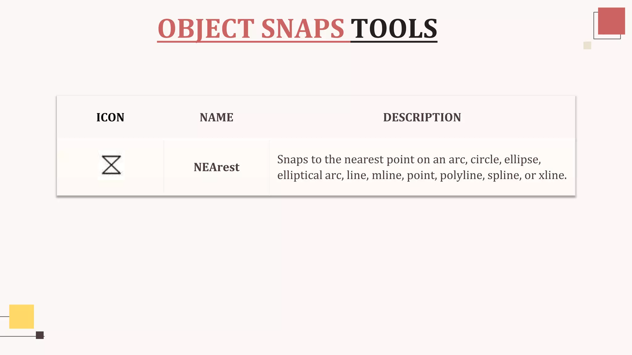 ICON NAME DESCRIPTION
NEArest
Snaps to the nearest point on an arc, circle, ellipse,
elliptical arc, line, mline, point, polyline, spline, or xline.
OBJECT SNAPS TOOLS
 