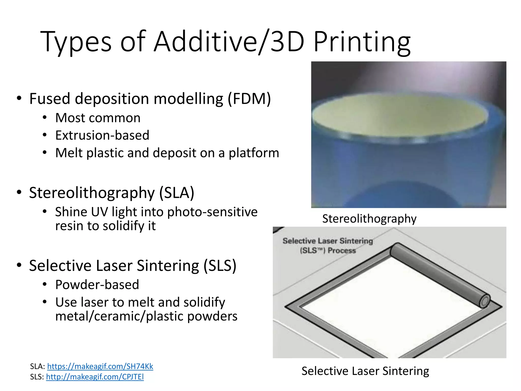 Types of Additive/3D Printing
&bull; Fused deposition modelling (FDM)
&bull; Most common
&bull; Extrusion-based
&bull; Melt plastic and deposit on a platform
&bull; Stereolithography (SLA)
&bull; Shine UV light into photo-sensitive
resin to solidify it
&bull; Selective Laser Sintering (SLS)
&bull; Powder-based
&bull; Use laser to melt and solidify
metal/ceramic/plastic powders
SLA: https://makeagif.com/SH74Kk
SLS: http://makeagif.com/CPJTEl
Stereolithography
Selective Laser Sintering
 