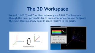 We call this X, Y, and Z. At the centre origin = 0,0,0. The Axes runs
through this point perpendicular to each other where we can designate
the exact location of any point in space relative to the origin.
The 3D Workspace
 