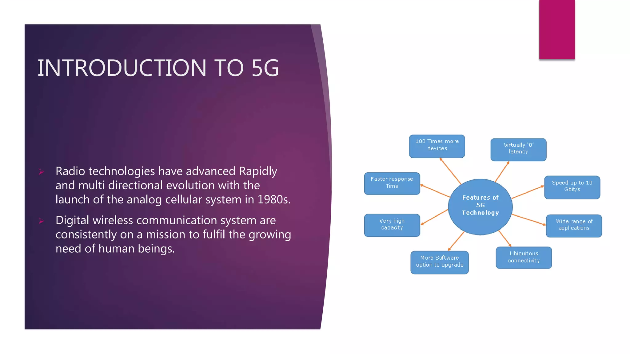 INTRODUCTION TO 5G
 Radio technologies have advanced Rapidly
and multi directional evolution with the
launch of the analog cellular system in 1980s.
 Digital wireless communication system are
consistently on a mission to fulfil the growing
need of human beings.
 