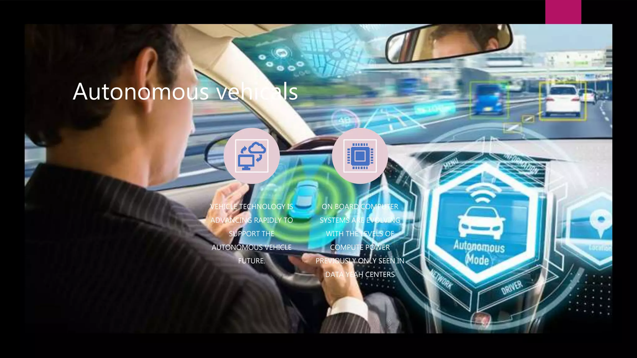 Autonomous vehicals
VEHICLE TECHNOLOGY IS
ADVANCING RAPIDLY TO
SUPPORT THE
AUTONOMOUS VEHICLE
FUTURE.
ON BOARD COMPUTER
SYSTEMS ARE EVOLVING
WITH THE LEVELS OF
COMPUTE POWER
PREVIOUSLY ONLY SEEN IN
DATA YEAH CENTERS
 