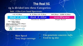 The Real 5G
6
 5g is divided into three Categories:
 Slow Speed
 Very large coverage
1) Sub 1 Ghz-Low band Spectrum:
 Can penetrate concrete walls
 Used in 4g also
 