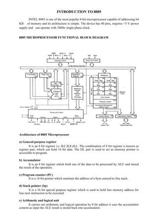 Introduction to 8085 & it's description(includes basic lab experiments