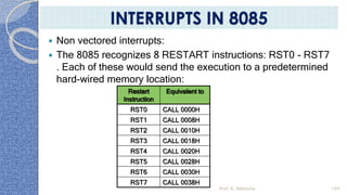  Non vectored interrupts:
 The 8085 recognizes 8 RESTART instructions: RST0 - RST7
. Each of these would send the execution to a predetermined
hard-wired memory location:
Restart
Instruction
Equivalent to
RST0 CALL 0000H
RST1 CALL 0008H
RST2 CALL 0010H
RST3 CALL 0018H
RST4 CALL 0020H
RST5 CALL 0028H
RST6 CALL 0030H
RST7 CALL 0038H
Prof. K. Adisesha 104
INTERRUPTS IN 8085
 