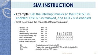  Example: Set the interrupt masks so that RST5.5 is
enabled, RST6.5 is masked, and RST7.5 is enabled.
 First, determine the contents of the accumulator.
- Enable 5.5 bit 0 = 0
- Disable 6.5 bit 1 = 1
- Enable 7.5 bit 2 = 0
- Allow setting the masks bit 3 = 1
- Don’t reset the flip flop bit 4 = 0
- Bit 5 is not used bit 5 = 0
- Don’t use serial data bit 6 = 0
- Serial data is ignored bit 7 = 0
SDO
SDE
XXX
R7.5
MSE
M7.5
M6.5
M5.5
0 1 00000 1
EI ; Enable interrupts including INTR
MVI A, 0A ; Prepare the mask to enable RST 7.5, and 5.5, disable 6.5
SIM ; Apply the settings RST masks
Prof. K. Adisesha 107
SIM INSTRUCTION
 