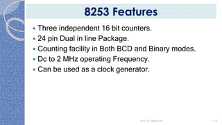  Three independent 16 bit counters.
 24 pin Dual in line Package.
 Counting facility in Both BCD and Binary modes.
 Dc to 2 MHz operating Frequency.
 Can be used as a clock generator.
Prof. K. Adisesha 110
8253 Features
 