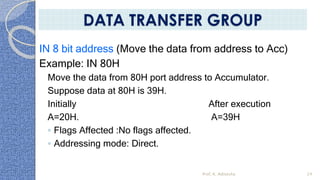 IN 8 bit address (Move the data from address to Acc)
Example: IN 80H
Move the data from 80H port address to Accumulator.
Suppose data at 80H is 39H.
Initially After execution
A=20H. A=39H
◦ Flags Affected :No flags affected.
◦ Addressing mode: Direct.
Prof. K. Adisesha 24
DATA TRANSFER GROUP
 
