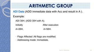 ADI Data (ADD immediate data with Acc and result in A ).
Example:
ADI 30H. (ADD 30H with A).
Initially After execution
A=20H, A=50H.
◦ Flags Affected :All flags are modified.
◦ Addressing mode: Immediate.
Prof. K. Adisesha 29
ARITHMETIC GROUP
 